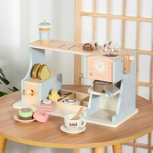 Cafetera de Madera de Juguete para Niños Utensilios de Cocina de Juguete Set de Barista Montessori con Sonidos Realistas con Accesorios Regalo Educativo para Niños y Niñas de 3+ Años
