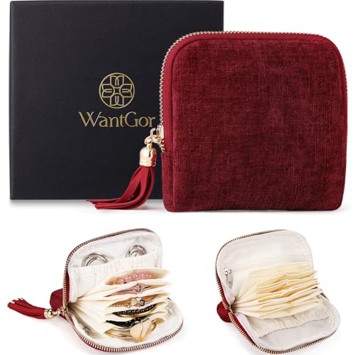 WantGor Travel Jewelry Organizer Case for Women, Jewelry Box 6-Layer Pouch Bags Small Velvet Jewelry Storage Bag Necklace Holder, Ring Box, Earrings Organizer, Travel Essentials (Burgundy)