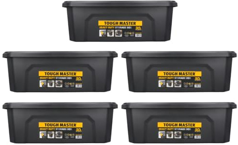 TOUGH MASTER 30L Storage Box Medium With Lid Durable Plastic Reinforced Construction Secure & Stackable Design Versatile for Tools, Toys, Craft Equipment (Pack of 5)