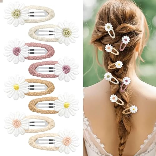 LOLANIUT 8 Stück Stoff-Haarspangen Haarspangen für Mädchen, Kinder-Haarschmuck Mit Gänseblümchen Design, Leichte Haarspangen Klein Rutschfest für Feines Haar im Alltag in Kindergarten und Schule