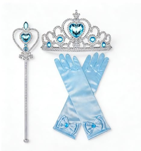 Fesnova 3 Stück Prinzessin Zubehör Set, Blau Krone, Handschuhe und Zauberstab, Prinzessin Krone Kinder, für Kinder Geburtstagsdekor, Cosplay, Geschenk, Karneval