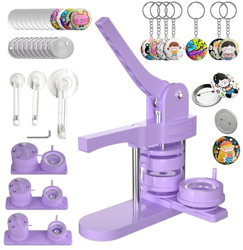 Pin Maker, Button Maker Machine Multiple Sizes (1+1.25+2.25'') with 300 Buttons, 30 Fridge Magnets, 10 Bottle Openers, 10 Keychains, 3 Circle Cutters, Button Badge Makers (353 Pcs, Purple)
