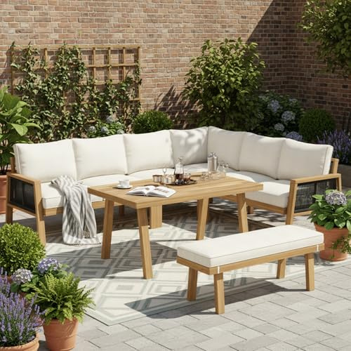 Canapé d'angle Salon de Jardin Exterieur 8 Places pour Balcon Terrasse Extérieur avec Table 120x61 cm en Bois d'Acacia et Design Tressé Moderne