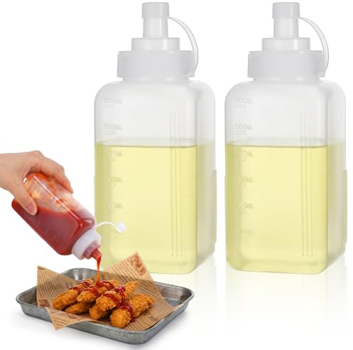 Gtziqa 2 PCS Large Squeeze Bottles for Sauces, 600ML/20oz Wide Mouth Salsa Dispenser Bottle with Lid, Square Condiment Squeeze Bottles for Mayo BBQ Tomato Salad Sauce Spaghetti Pasta Sauce Bottle