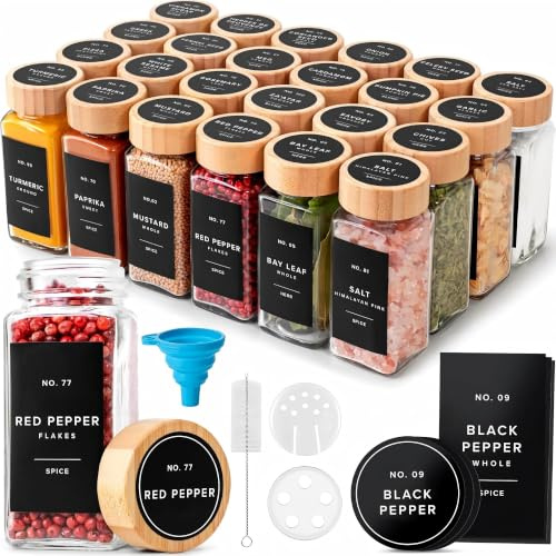 Houbobo Glass Spice Jars with Lids and DIY Blank Labels, 24-Piece 120ml Square Spice Containers with Bamboo Lids, Seasoning Storage Organiser for Spice Rack, Cabinet, Drawer