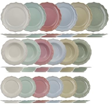 H&H Sinfonia Servizio Tavola 18 Pezzi in Stoneware, Set Piatti per 6 Persone, Colori Pastello Assortiti, Ala Festonata Decorata, Lavastoviglie e Microonde