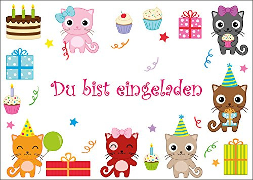 Edition Colibri 10x Katze Einladungskarten Kindergeburtstag Junge Mädchen – Niedliche Katzenmotive, 'Einladung' – Einladung Kinderparty & Geburtstag, A6, ohne Umschläge