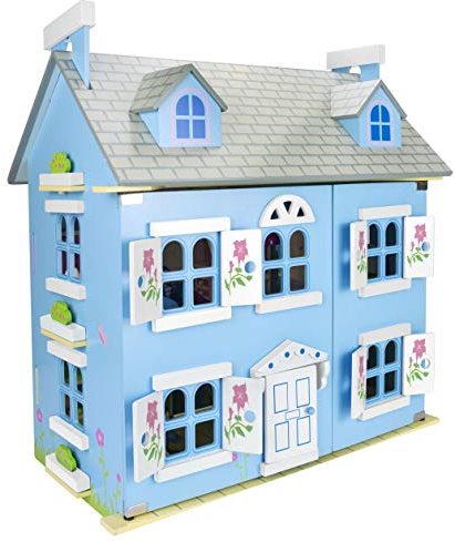 Leomark wooden doll House with furniture & dolls - 2-Story kids playhouse, fully furnished, includes 30 accessories, 55x35x60 cm, wooden playset with opening windows, Alpine Villa Blue
