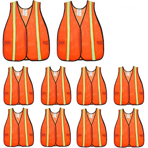 SIFE 10 Pack High Visibility Reflective Safety Vest,Made from Breathable and Neon Orange Mesh Fabric with Stretchable design,light weight for Man and Woman(Orange, 10 pack)