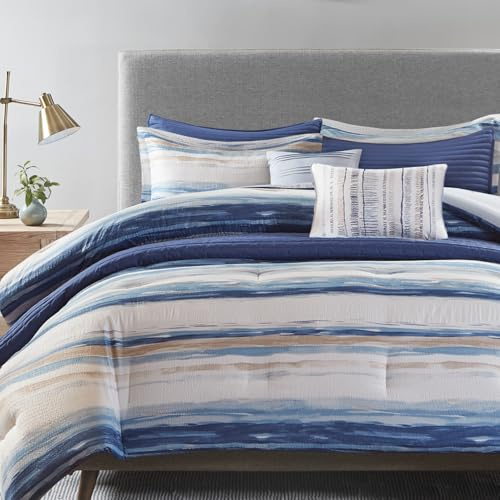 Madison Park Marina Comforter Quilt Combo Set - Modern Luxury Design, All Season Down Alternative Bedding, Matching Shams, Decorative Pillows, King/Cal King(104x92) Seersucker Blue 8 Piece