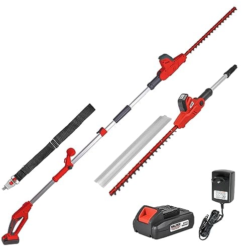 WALTER Akku-Heckenschere 20 V mit abknickbare Teleskopstange, kraftvoll, leichte Handhabung, Verstellbarer Zusatzhandgriff und Tragegurt, 230-300cm, Abstandhalter für präzise Ecken und Kanten