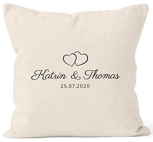 SpecialMe® personalisierbares Kissen zur Hochzeit mit Namen und Datum personalsiert Hochzeitsgeschenk Kissenhülle Natur Unisize