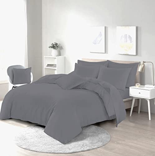 HOMES-LINEN Easy Care Poly-cotton Plain Dyed Duvet Cover Set (Grey, Double)