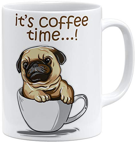 OM3® It’s Coffee Time Kaffee-Tasse mit süßem Mops Motiv - Pug Dog Hund - Keramik Becher - 325ml - Beidseitig Bedruckt - Weiss