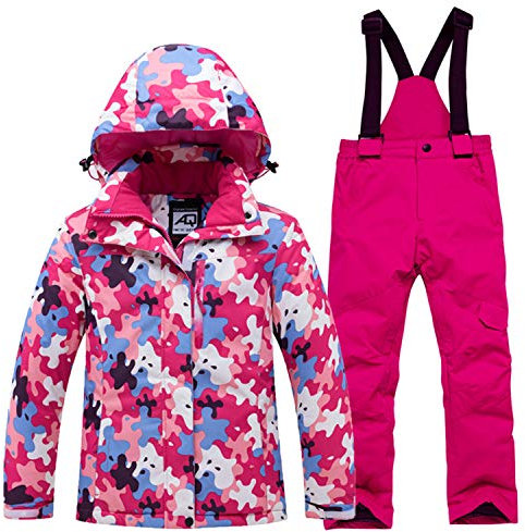 YOJOLO Skianzug Kinder Mädchen Junge Skijacke Hosen Set Wasserdicht Winddichter Warmer Schneeanzug Winter Schneesicheres Ski Outfit,Rose red,XL:140〜150cm