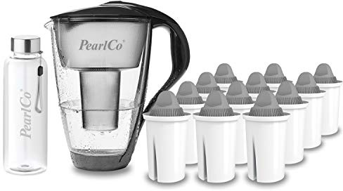 perlopur® Glas-Wasserfilter (anthrz.) +12 Kart. Protect+ +Glas-Trinkfl. | Borosilikatglas, 2 l gesamt, 1 l gefiltert, LED-Anzeige, für classic Kartuschen, für sehr hartes Wasser, starke Entkalkung
