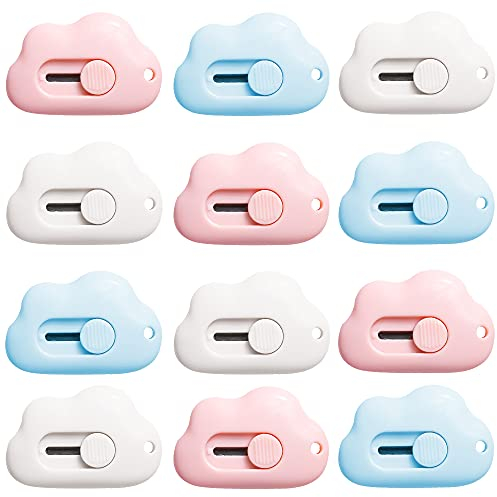 12Pcs Box Cutter Ouvre-lettre Couteau Utilitaire Rétractable Portable Couteau de Papeterie, Mini Cutter Ouvre Colis avec Trou pour Porte-clés, Mini Cutter de Poche (Nuages)