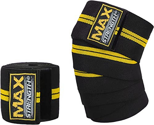 MAXSTRENGTH Rodilleras de levantamiento de pesas, vendaje elástico resistente de compresión para levantamiento de potencia, ideal para sentadillas, culturismo, entrenamiento de fitness