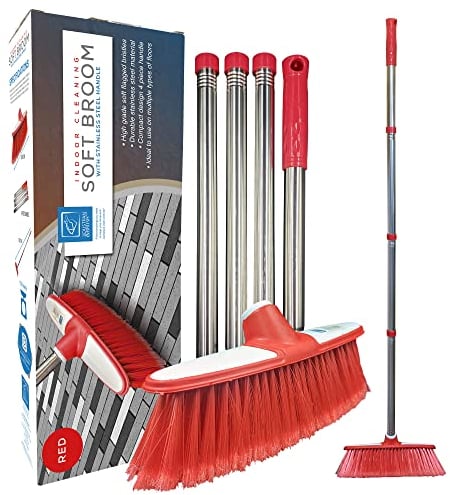 Soft Sweeping Brush Broom Indoor with Multi-Section Stainless Steel Long Handled Brush − House Broom Soft Bristle Brush for Cleaning Home and Kitchen Floors (Red)