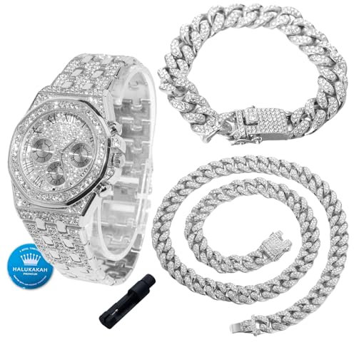 Halukakah Diamanten Gold Uhr für Jungen,Teenager - Platin Platiniert,40mm Achteckiges Zifferblatt mit Römischen Zahlen,Japanisches Quarzwerk - 20cm Länge,mit 18+40cm Cuban-Ketten & Anpassungswerkzeug