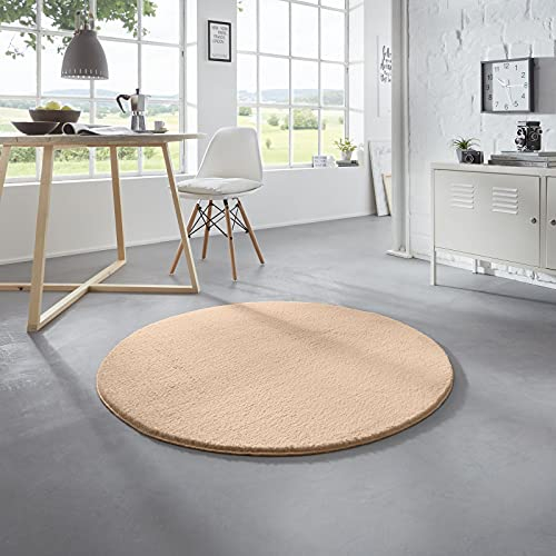 Taracarpet Waschbarer Flauschiger Uni Kurzflor Teppich, Anti-Rutsch, Felloptik, Super Soft Beige 120 cm rund