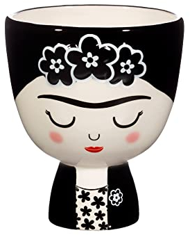 Sass & Belle Frida Kahlo Monochrome Keramik Blumentopf L 12 cm x W 12 cm x H 14 cm Schwarz für Innen und Außen