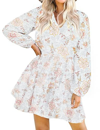 FANCYINN Damen Rüschen Glockenärmel Etuikleid Babydoll Leinen Casual Minikleid mit Taschen Langarm Brauner Punkt- und Blumendruck XL