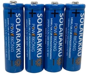 SOLAR Mignon AA Akkus – wiederaufladbare 3,2V Batterien -1,92Wh LiFePo4 Hochleistungs- Akku, speziell für Solarlampen, Lichterketten, Solarleuchte, Alarmanlagen und vieles mehr! 4 STK in Plastikbox
