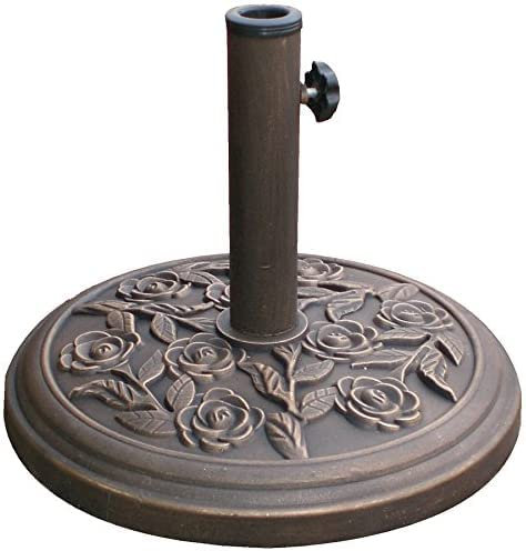 Heavy Duty 9kg Parasol Umbrella Holder Base with Cast Iron Effect Floral Rose Design Secure and Robust For Awning Sunshade Airer Whirlygig Poles up to 50mm