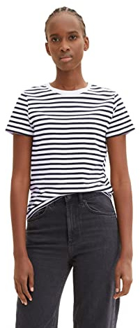 Tom Tailor Denim Damen Boxy Fit T-Shirt mit Streifen aus Bio-Baumwolle, 31641 - White Black Stripe, L