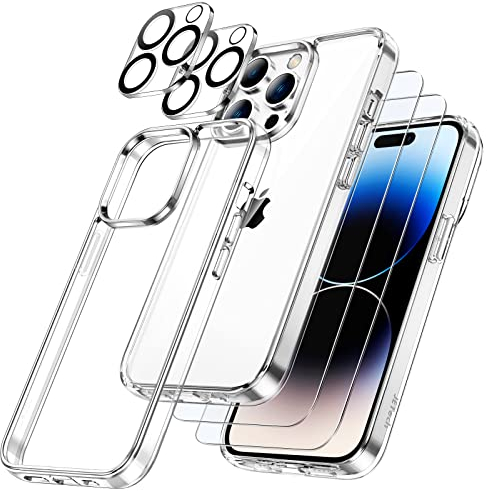JETech 5 in 1 Hülle für iPhone 14 Pro Max 6,7 Zoll, 2 Schutzfolie und 2 Kameraschutz, Nie Vergilbung, Full Screen Panzer Schutz Glas Folie Displayschutz Kamera, Stoßfest Handyhülle (Durchsichtig)