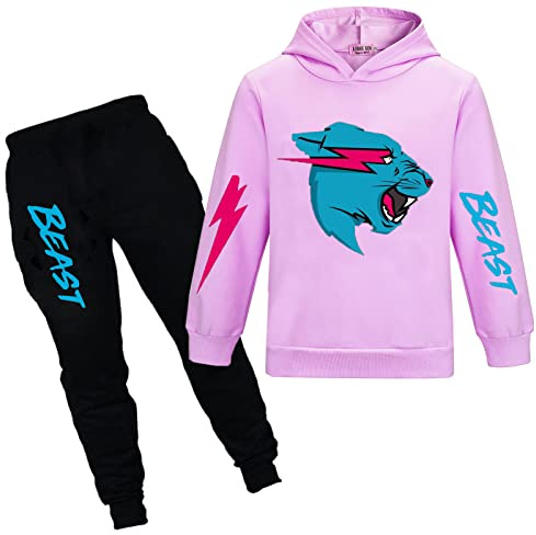 TONGQUD Mr Beast Jungen Hoodies YouTube Gamer Kleidungsset Blitzkatze Kapuzenpullover und Hose 2-tlg./Set Trainingsanzug für Mädchen, violett, 12-13 Years