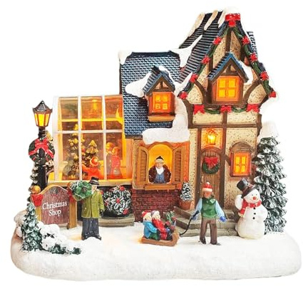 Moments In Time Christmas Village Building, Christmas Shop with LED Lights - Battery Operated (not Included) (8.5 H x 9.8 W x 6.9 D)