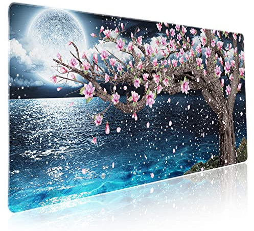 Grand tapis de souris pour gaming motif sakura fleurs de cerisier, magnolia, océan, lune, nuit, avec dos antidérapant en caoutchouc et bords cousus, taille XXL, 90 x 40 cm