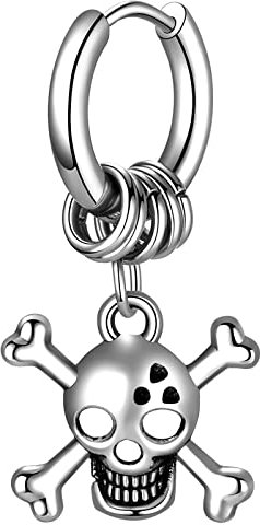 JewelryWe Schmuck Ohrringe Herren Punk Creolen mit Totenkopf Schädel Crossbones Anhänger Edelstahl Baumeln Ohrhänger Ohrstecker Silber
