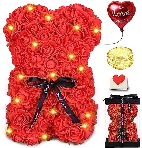 Orsetto Rosa Fiore Regalo Donna, Regali Festa Della Mamma, Orso Rosa Regali per Lei, Rose Teddy Bear con luci, Regali di compleanno per Ragazza con Confezione Regalo Trasparente e Biglietto d'amore