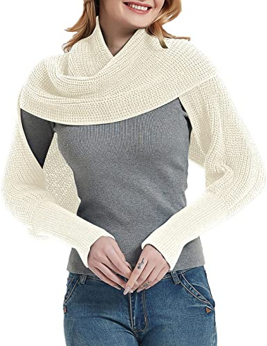 Schlauch Schal Damen Mode Winter warm einfarbig gestrickt Wickelschal häkeln dicken Schal Cape mit Ärmel für Frauen Halstuch Rot (White, One Size)