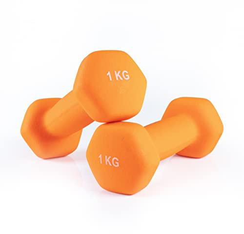 Bestfor Pair of 1kg Hex Anti Roll Non Slip Neoprene Dumbbell Weights For Exercise, Fitness, Workouts, Lifting with Exercise Chart