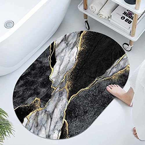 Super saugfähige Badematte mit Kieselgur und Erdstein, schwarz-weißes Marmor-Mosaik mit goldenen Adern, schnell trocknende Badezimmerteppiche, leicht zu reinigen (oval, 40x60 cm)