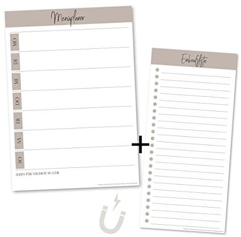 PuK Menüplaner & Einkaufsliste magnetisch | je 50 Blatt zum Abreißen | wahlweise magnetisch | Blöcke im Set Essensplaner A5 + Einkaufsliste DIN lang | Schlichte Planer | Notizblock, Organizer