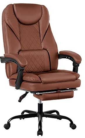 Guessky Executive Bürostuhl, große und hohe Bürostuhl mit Fußstütze, Reclining Leder Stuhl mit Lendenwirbelstütze Ergonomische Bürostuhl mit gepolsterten Armlehnen (Braun)