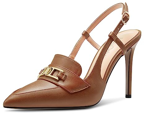 NobleOnly Damen Stiletto Hoher High Absatz Heel Spitze Zehenkappe Slingback Schnalle Pumps Lässig Büroschuhe Dress Schuhe 10 cm Heels Braun 40 EU