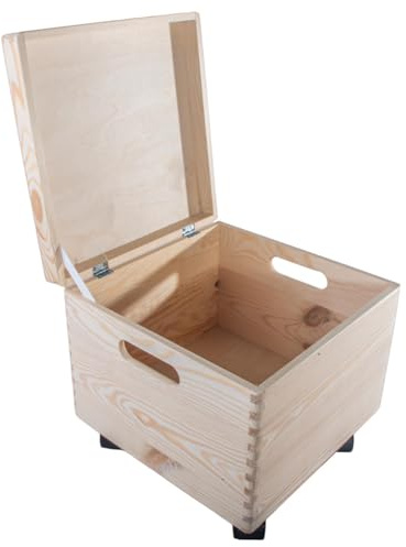 WooDeeDoo Square Deep Wooden Storage Box With Hinged Lid Handles and Wheels – 30 x 30 x 28 cm Pine Toy Keepsake Memorabilia 16L Chest Unfinished Decorative Craft Container