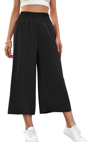 HMIYA Damen 3/4 Culotte Hose Leichte Weites Bein Sommerhose,Schwarze,L
