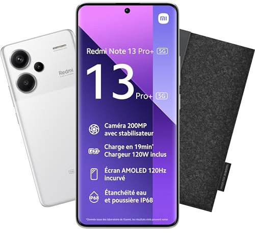 Xiaomi Bundle REDMI Note 13 Pro Plus 5G 8/256 + Etui Gris Foncé, Ecran de 6.67'', Smartphone Débloqué, Batterie mAh 5000, Mémoire ROM 256 GO,RAM 8 GO, Android 13, Blanc