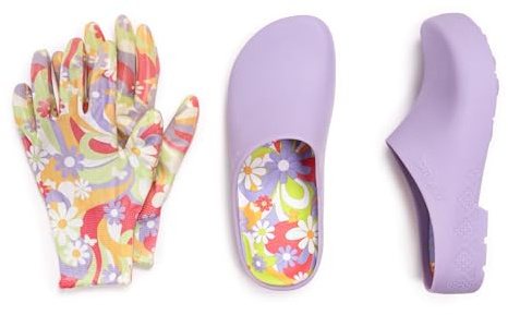 MUK LUKS Women's Garden Clog and Glove Set, Lavendar Floral, M