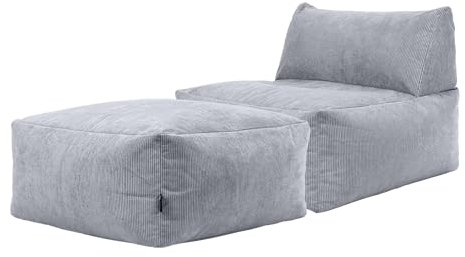 Icon Tetra Sitzsack und Hocker, Modular Sofa für Erwachsene, Dunkelgrau, Flauschiger Cordstoff, 2 Sitzer Ecksofa, Bequemer Bean Bag Sofa mit Füllung, Relaxsessel, Lounge, Wohnzimmer Möbel