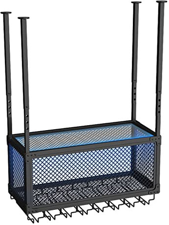 PRESSLAY Hängendes Weinregal – höhenverstellbares hängendes Weinglasregal, Decken-Weinflaschenhalter mit Glashalter und Lichtern, industrielles Deckenregal für Bar, Café, Küche