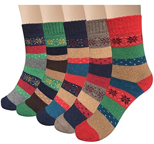 Justay Pucott 5 Paar Winter Wolle Damen Socken, Wollsocken, Thermosocken Frauen, Warme Socken Damen, Bunte Gemusterte Stricksocken