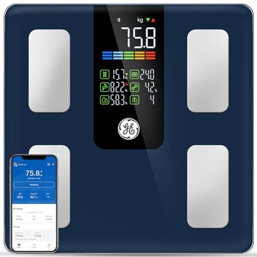GE Körperfettwaage Perensonwaage Digital Körperanalysewaage: Waage mit Körperfett und Muskelmasse bis 220 kg Bluetooth Körperwaage mit App